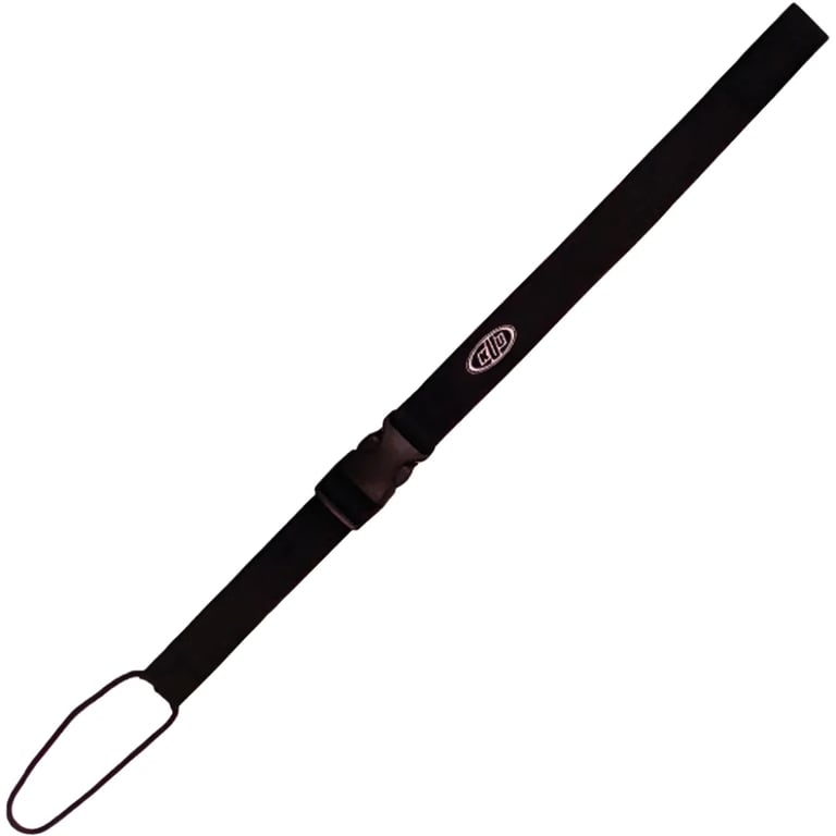 Kuu black nylon snowboard ankle leash featuring a plastic buckle and cord loop shown at a diagonal angle.