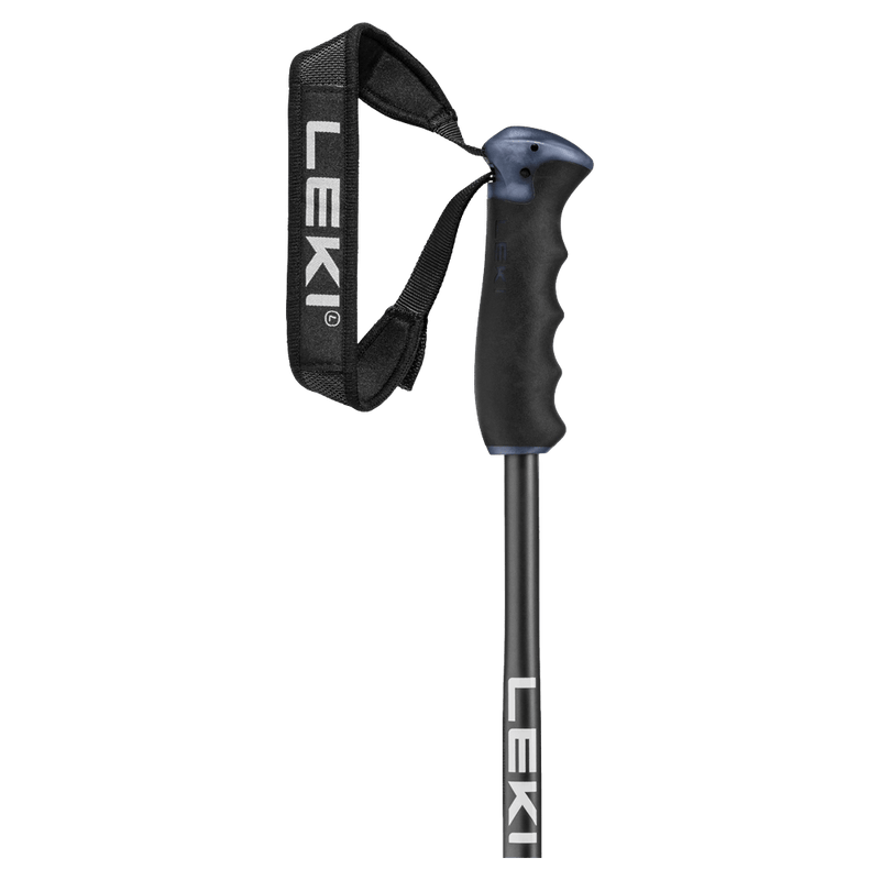 Leki Neolite Airfoil ski pole featuring a black ergonomic grip, adjustable wrist strap, and white logo on a black shaft.