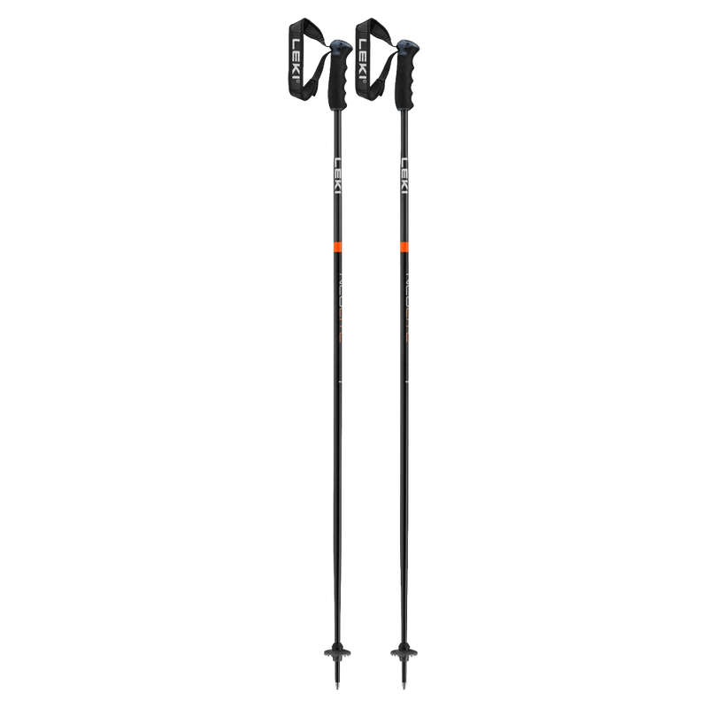 Leki Neolite Airfoil Ski Poles_Black Shaft with white Leki branding and ergonomic black grip and handle_black basket