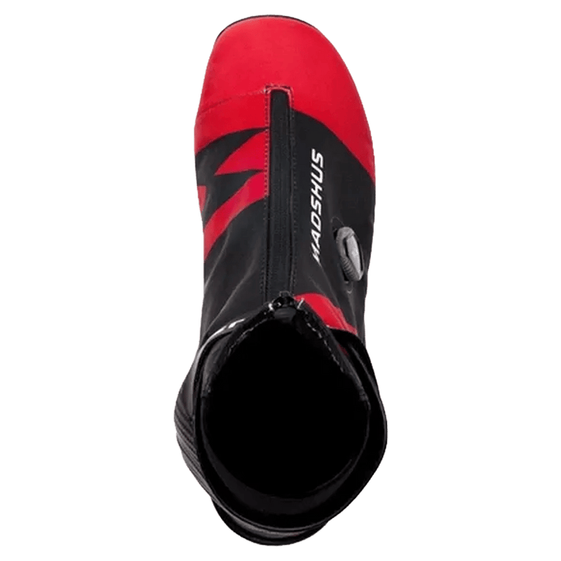 Top-down view of a red and black Madshus Pulse Boa Skate Boot featuring a central zipper and side Boa dial.