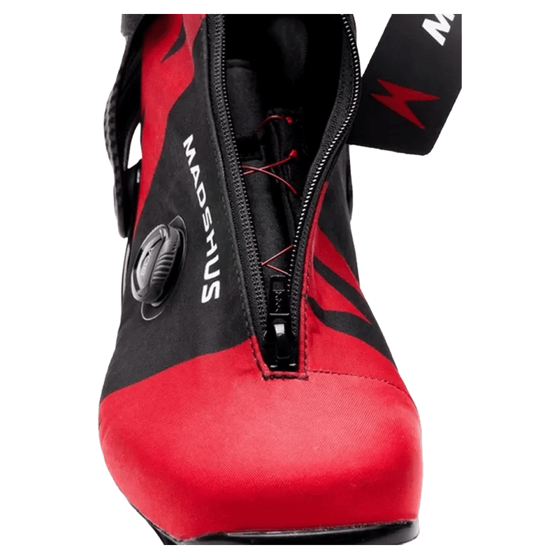 Red and black Madshus Pulse Boa Skate Boot featuring a central zipper, side Boa dial, and internal red lacing.