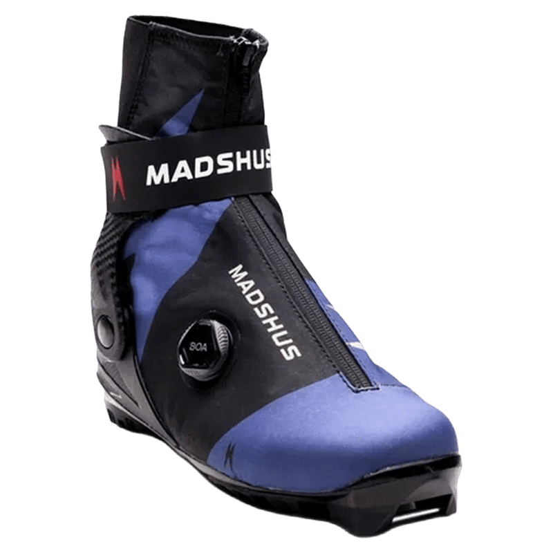 Madshus Pulse Boa women's skate boot in blue and black with a side BOA dial, front zipper, and branded ankle strap.