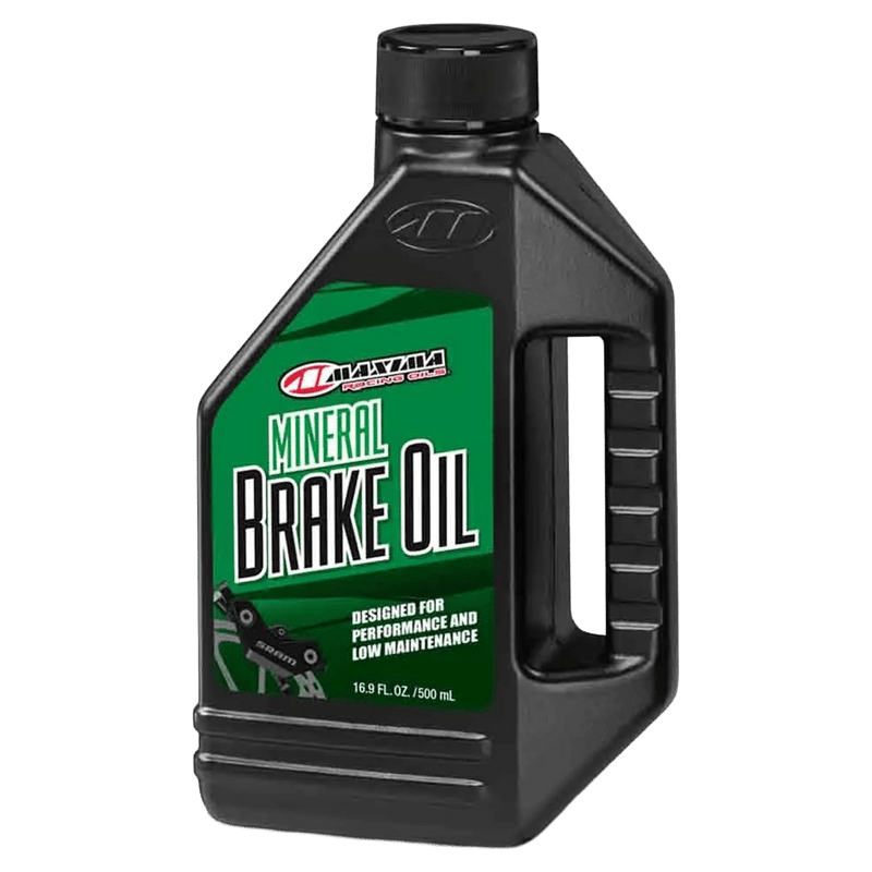 Maxima Mineral Brake Oil 500ml black plastic bottle with green label and side handle for bicycle maintenance.