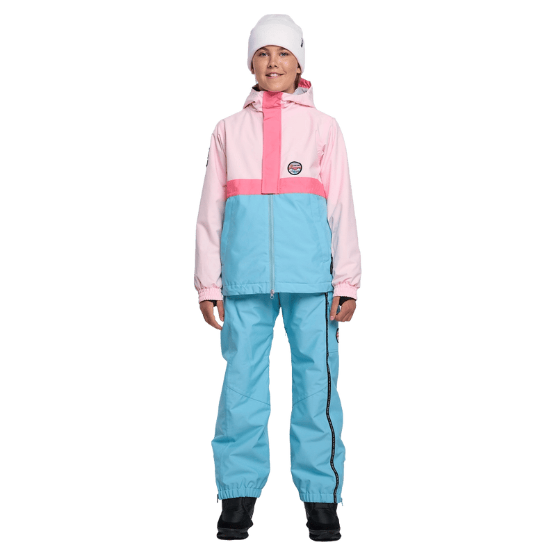 Front view of girl wearing Rojo Mini Me Jo Ski Jacket - Kids in colour pink-a-boo