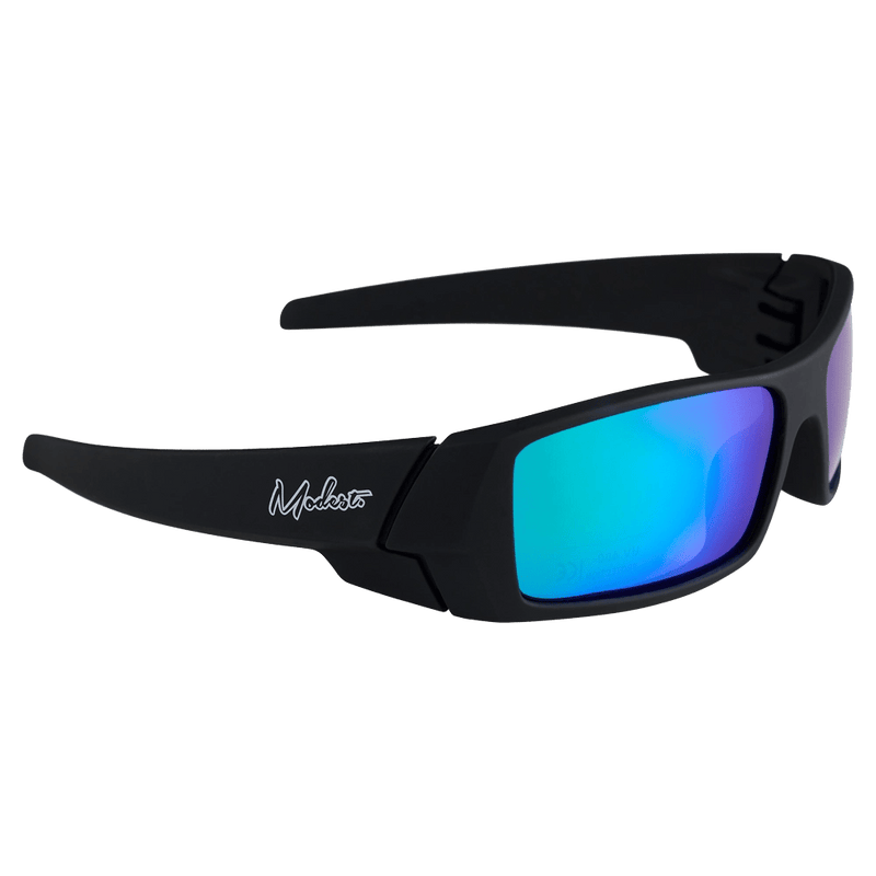 Matte black Modest Lago wrap-around sunglasses with blue and green mirrored lenses and white script logo on the temple.