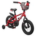 Red 2025 Mongoose Lil Goose kids bike with training wheels, black mudguard, and front number plate.