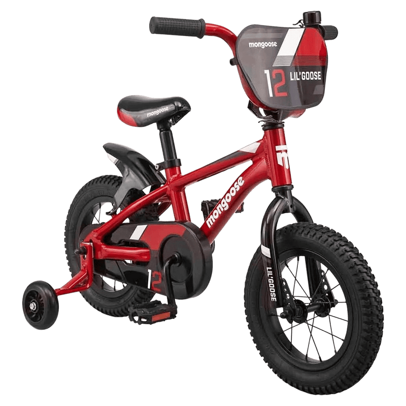 Red 2025 Mongoose Lil Goose kids bike with training wheels, black mudguard, and front number plate.