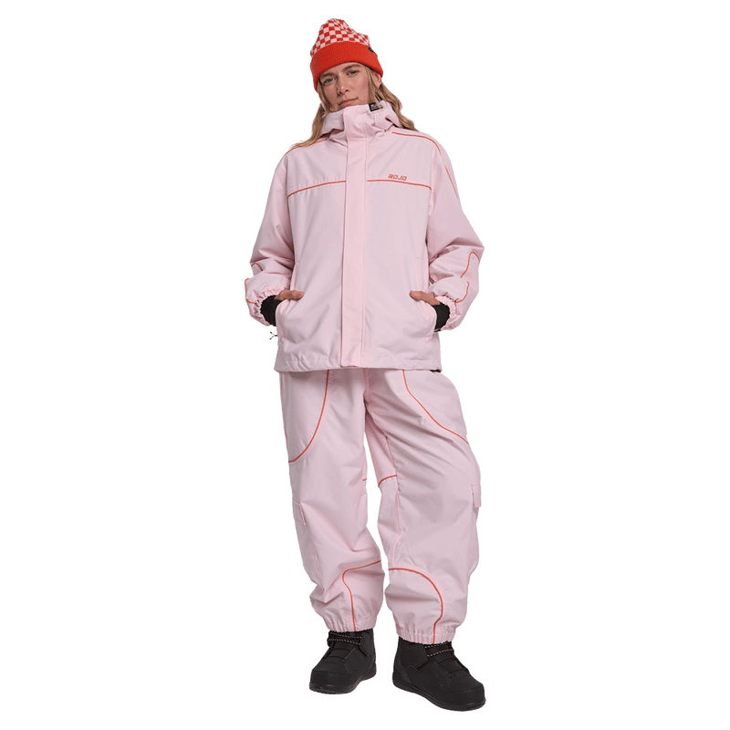 Front view of woman wearing the Rojo Nine Oh Ski Jacket - Womens in Pink-a-boo.