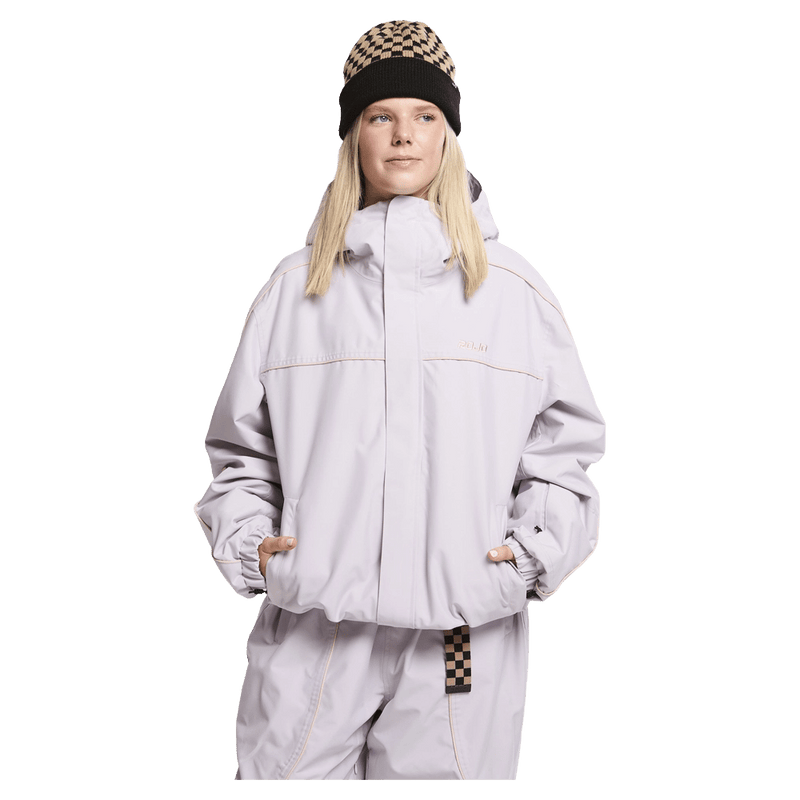 Front close view of woman wearing the Rojo Nine Oh Ski Jacket - Womens in Thistle