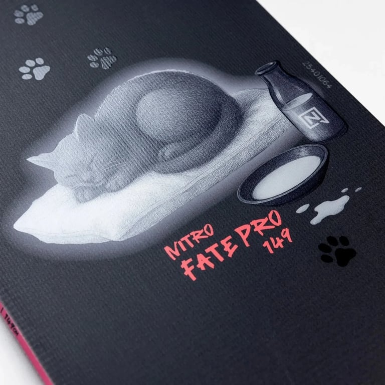 Nitro 2027 Fate Pro Snowboard graphic close up - illustration of cat sleeping on pillow