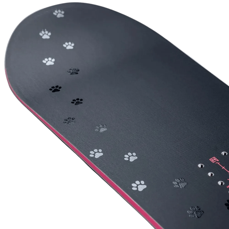 Nitro 2027 Fate Pro Snowboard close up of nose showing cat paw prints