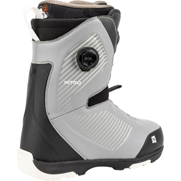 Side profile of a grey Nitro Club Boa snowboard boot with black accents and a side-mounted Boa lacing dial.