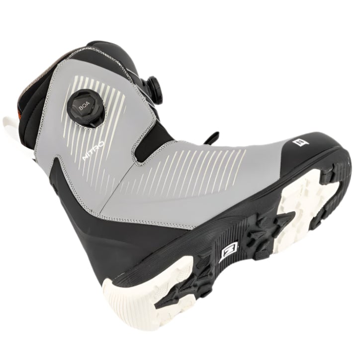 Grey and black Nitro Club Boa snowboard boot showing side profile with dual Boa dials and white treaded sole.
