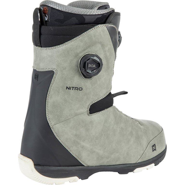 Nitro Club Boa snowboard boot in sage green suede with dual Boa lacing dials and black heel support.