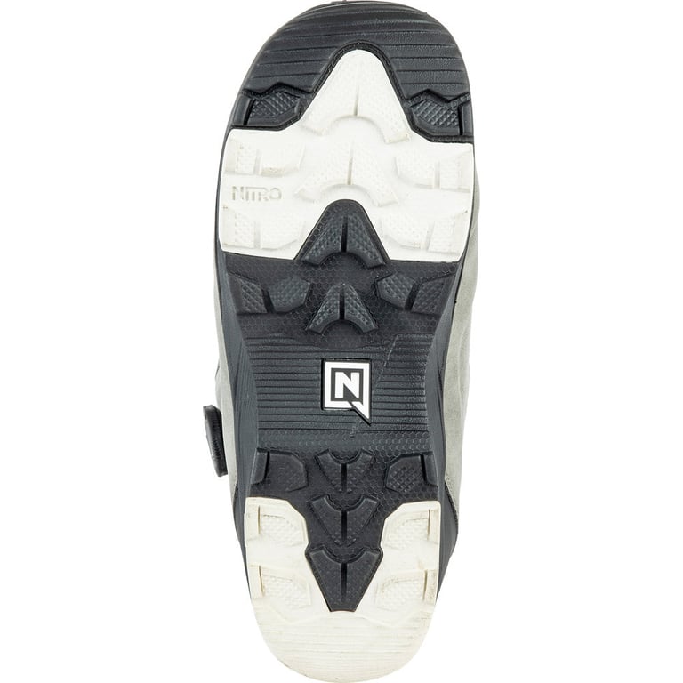Bottom view of Nitro Club Boa snowboard boot sole with black and white textured rubber tread and logo.