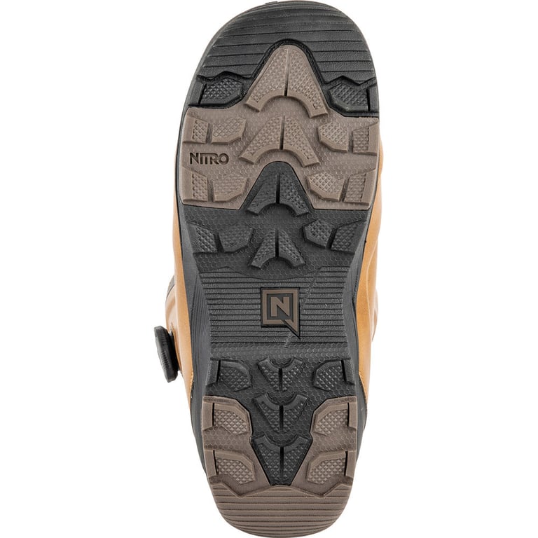 Bottom view of Nitro Club Boa snowboard boot sole with black and brown rubber tread and embossed Nitro logo.
