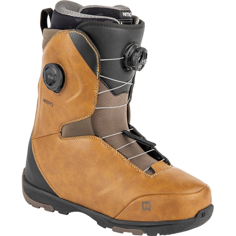 Tan leather Nitro Club Boa snowboard boot with dual Boa dials, black accents, and a rugged sole, side profile.