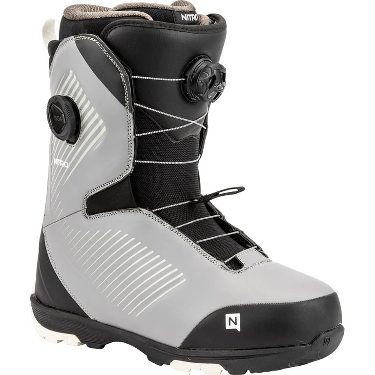 Nitro Club Boa snowboard boot in grey and black featuring dual Boa dials and white diagonal stripe details.