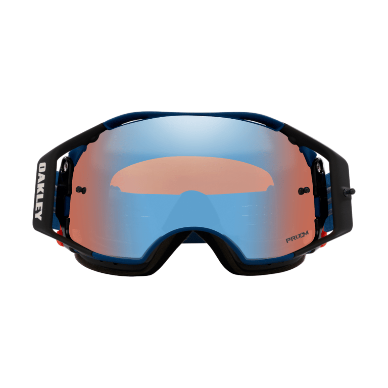 Oakley Airbrake MTB goggles with black and blue frame and mirrored blue and orange Prizm lens, front view.
