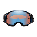Oakley Airbrake MTB goggles with black and blue frame and mirrored blue and orange Prizm lens, front view.