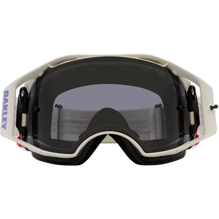 Oakley Airbrake MTB goggles with an off-white frame and dark grey lens, front view.