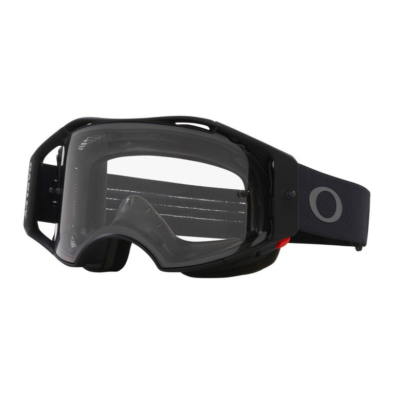 Oakley Airbrake MTB goggles with black frame, clear lens, and black strap featuring a grey logo and red side button.