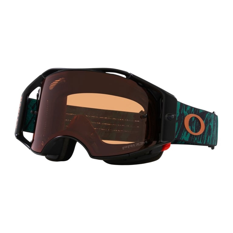 Oakley Airbrake MTB Goggles with black frame, bronze Prizm lens, and teal patterned strap with orange logo.
