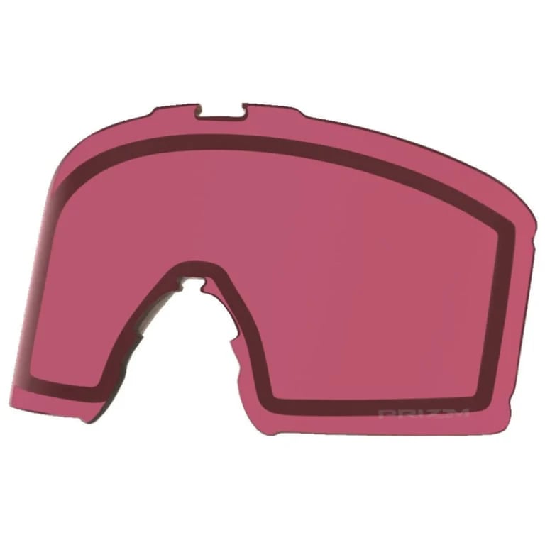 Oakley Line Miner XS replacement goggle lens in rose pink with top and bottom mounting notches and Prizm branding.