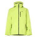 Lime green Oakley Unbound Gore-Tex Shell 2.0 ski jacket with black zippers, chest pocket, and hood.