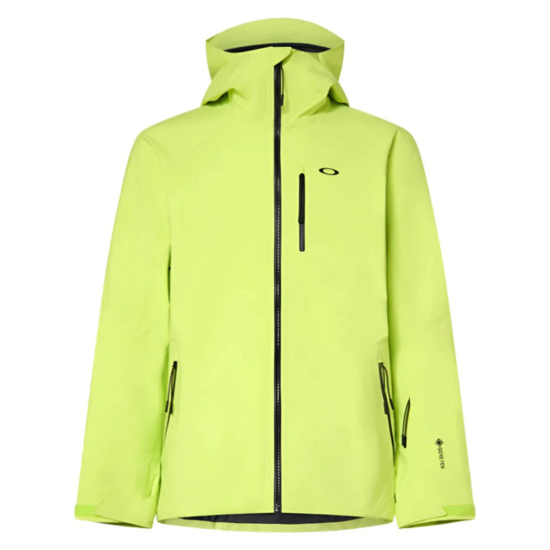 Lime green Oakley Unbound Gore-Tex Shell 2.0 ski jacket with black zippers, chest pocket, and hood.