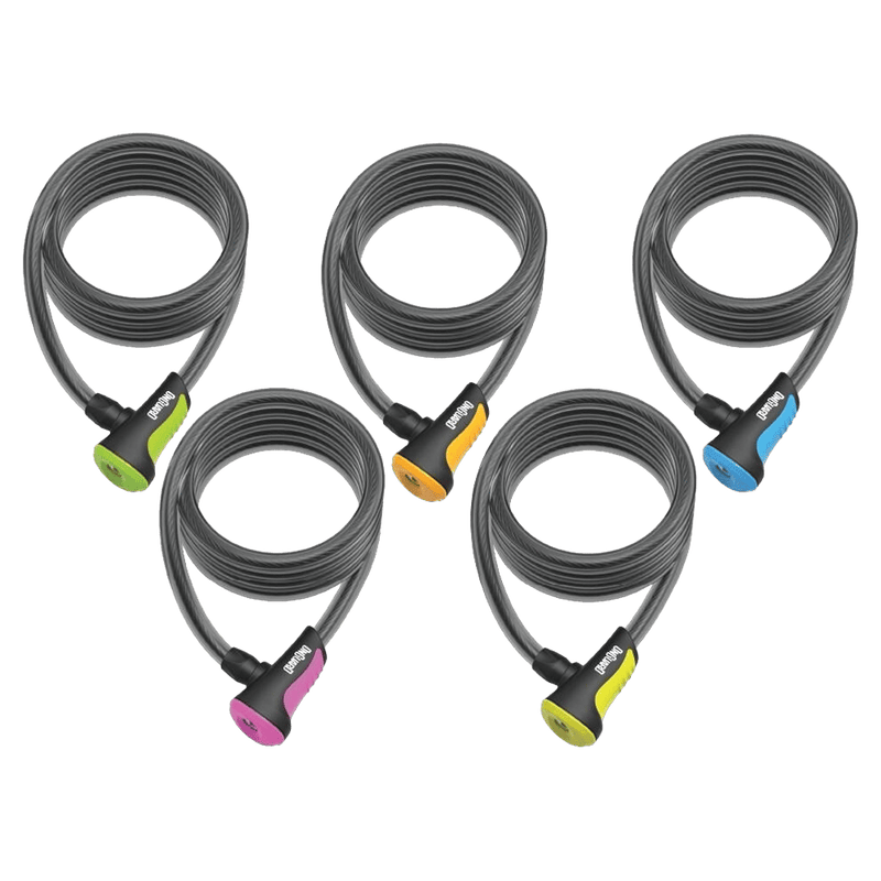 Five coiled On Guard Neon Series cable bike locks with green, orange, blue, pink, and yellow accents.