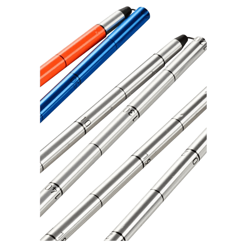 Ortovox Aluminium Avalanche Probe 240 PFA segments in silver, blue, and orange with printed depth markings.