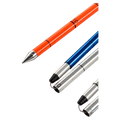 Close-up of orange, blue, and silver Ortovox aluminum avalanche probe segments with depth markings and a pointed tip.