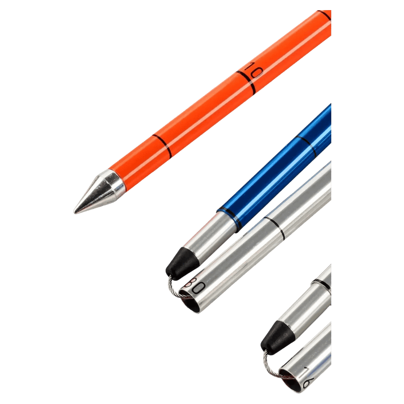 Close-up of orange, blue, and silver Ortovox aluminum avalanche probe segments with depth markings and a pointed tip.