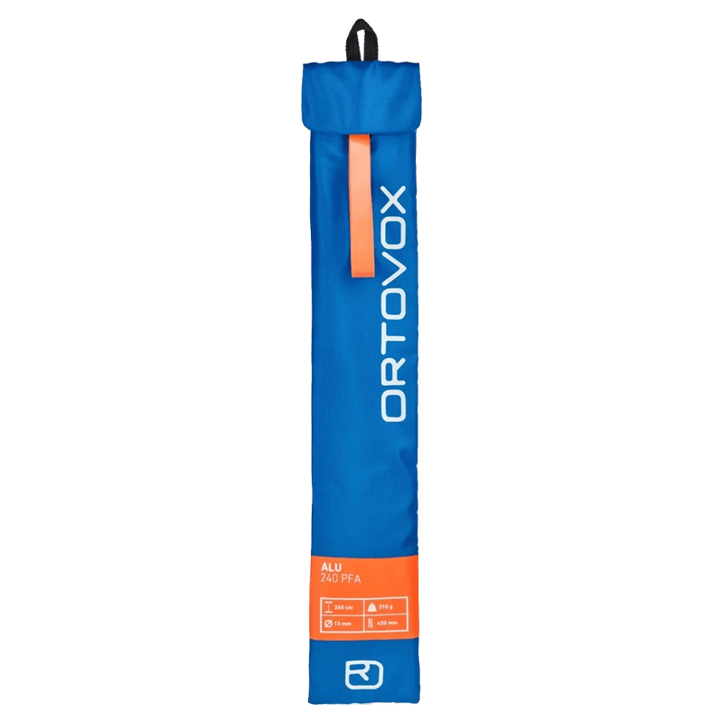 Blue Ortovox Alu 240 PFA avalanche probe storage bag with orange pull tab and white vertical logo.