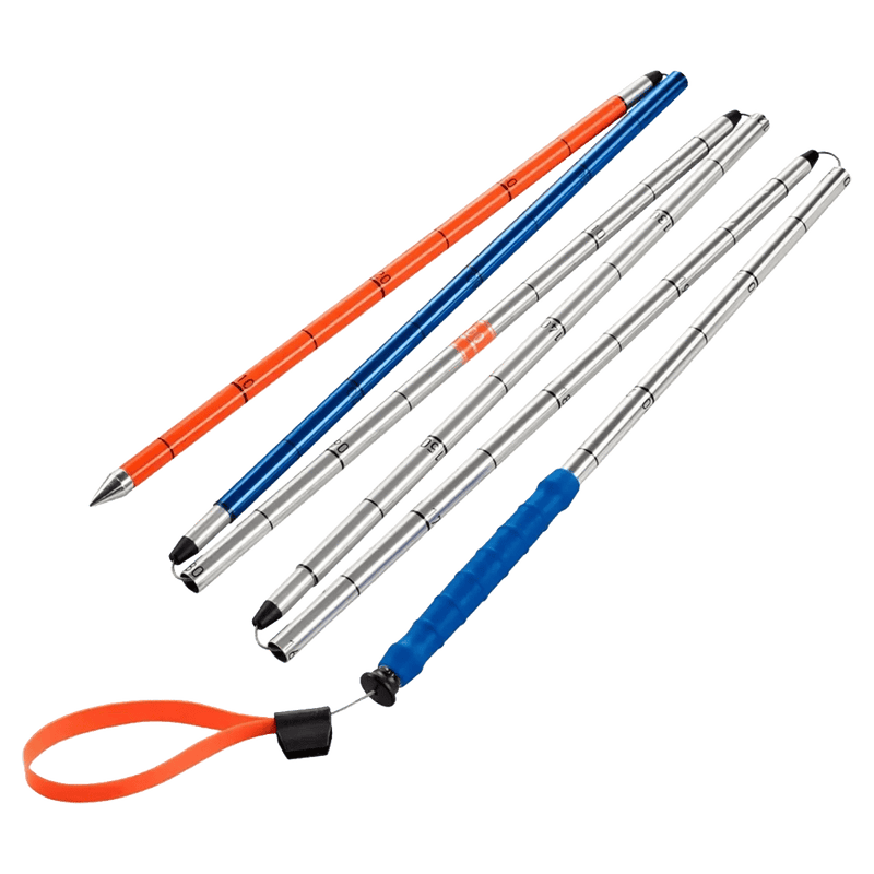 Ortovox Aluminium Avalanche Probe 240 PFA folded with silver and orange segments, depth markings, and a blue handle grip.