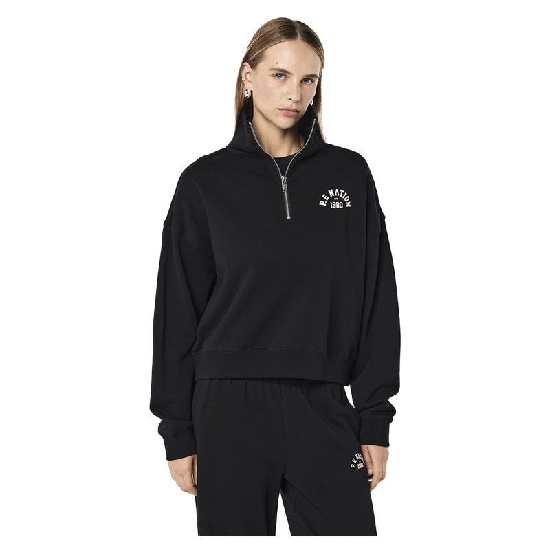 Main view of the PE NATION Established Oversized Quarter Zip Black Sweater,  26/27 Womens's model