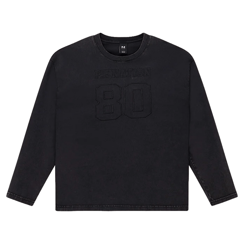 Solo view of the PE NATION Oversized LS Washed Black Tee,  26/27 Womens's model