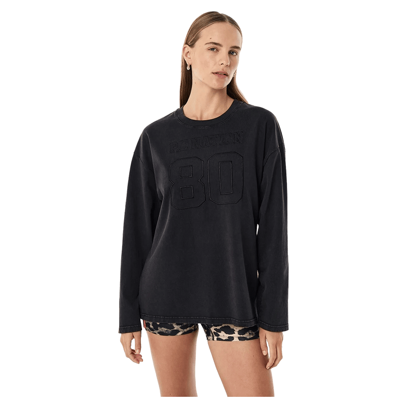 Main view of the PE NATION Oversized LS Washed Black Tee,  26/27 Womens's model