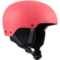 Side profile of a matte coral Anon Rodan Helmet with black ear pads and grey chin straps.