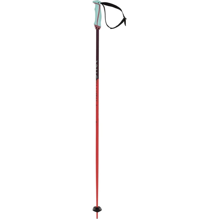 Volkl Phantastick ski pole with a red and purple shaft, black ergonomic grip, wrist strap, and black snow basket.