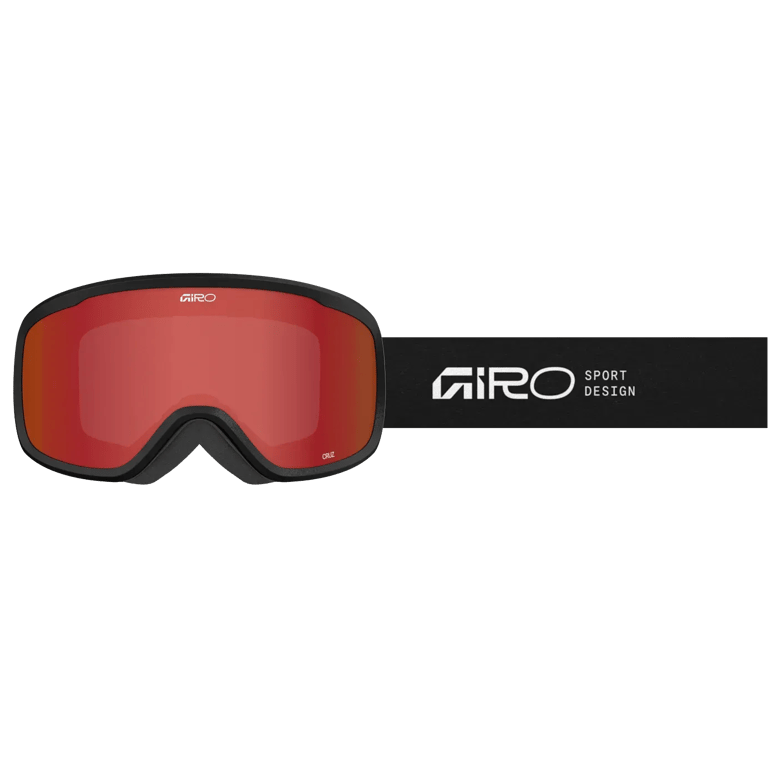 Strap view of the Giro Cruz Goggles in Stacked Black, Amber Scarlett lens, unisex model