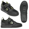 Black and olive Etnies Camber CL MTB shoes with mesh panels, velcro straps, and clipless pedal soles.