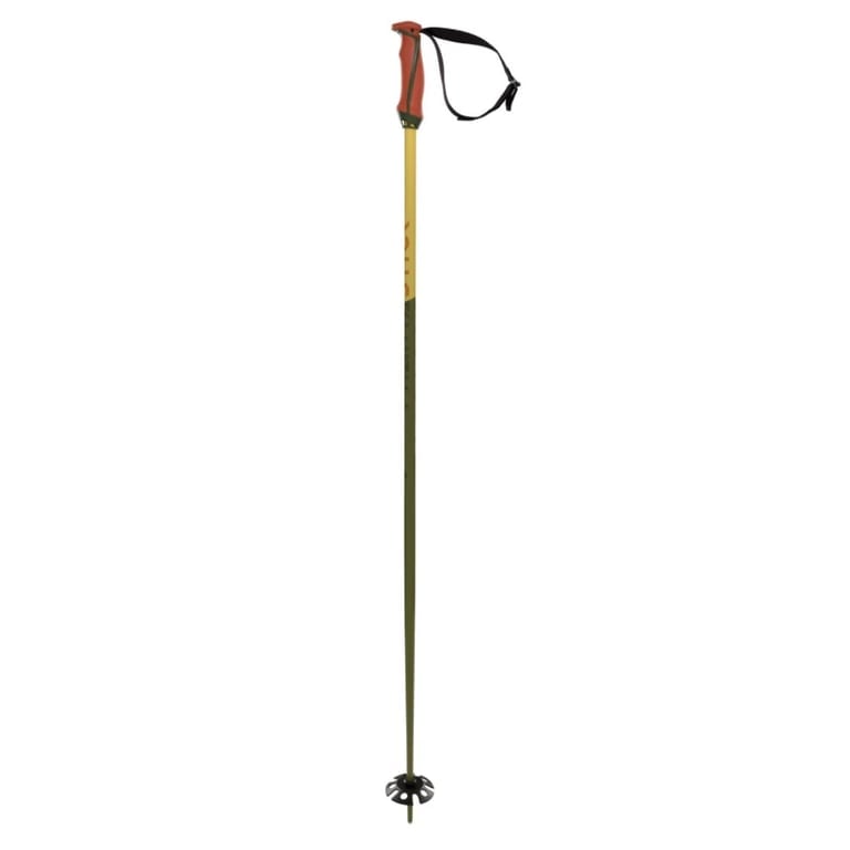 Volkl Phantastick ski pole with a mustard and green shaft, black ergonomic grip, wrist strap, and black snow basket.