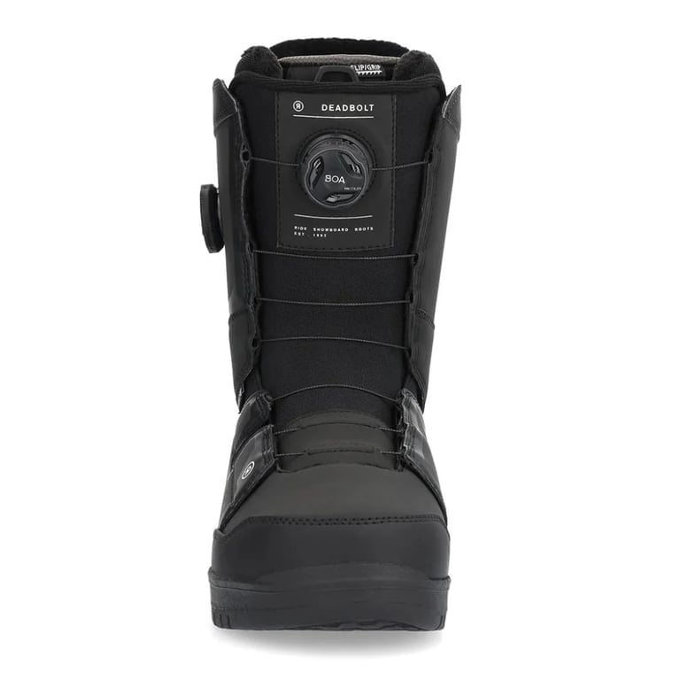 Front view of a black Ride Deadbolt snowboard boot featuring a dual BOA fit system and synthetic upper.