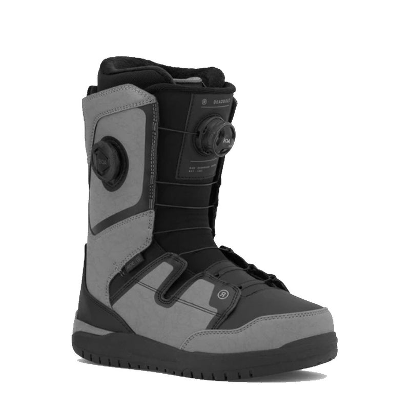 Grey and black Ride Deadbolt snowboard boot with dual BOA lacing dials and a textured rubber sole.