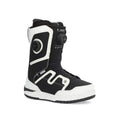 Black and white Ride Deadbolt snowboard boot with dual BOA lacing and a speckled white midsole, three-quarter view.