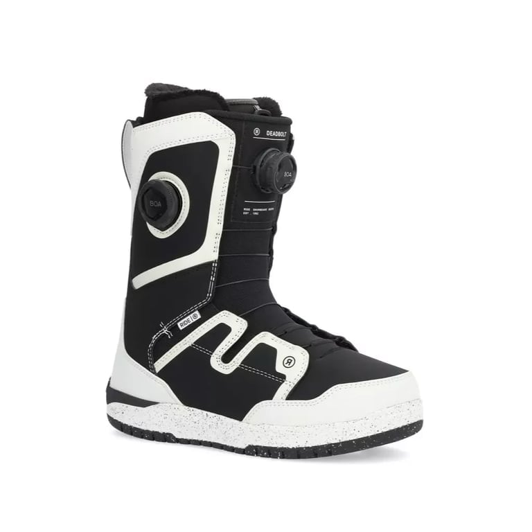 Black and white Ride Deadbolt snowboard boot with dual BOA lacing and a speckled white midsole, three-quarter view.