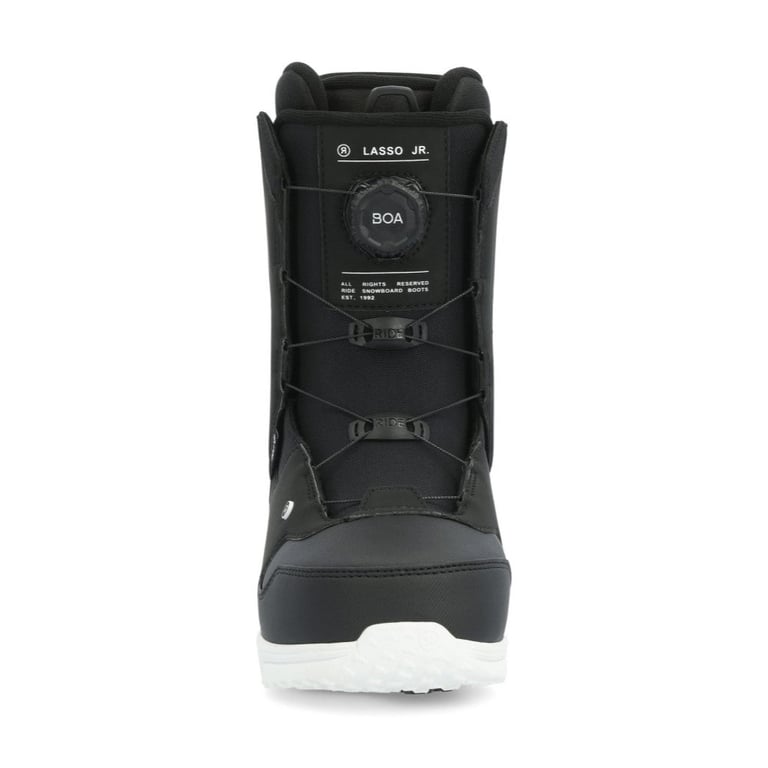 Front view of a black Ride Lasso Jr. kids' snowboard boot with a BOA lacing system and white outsole.