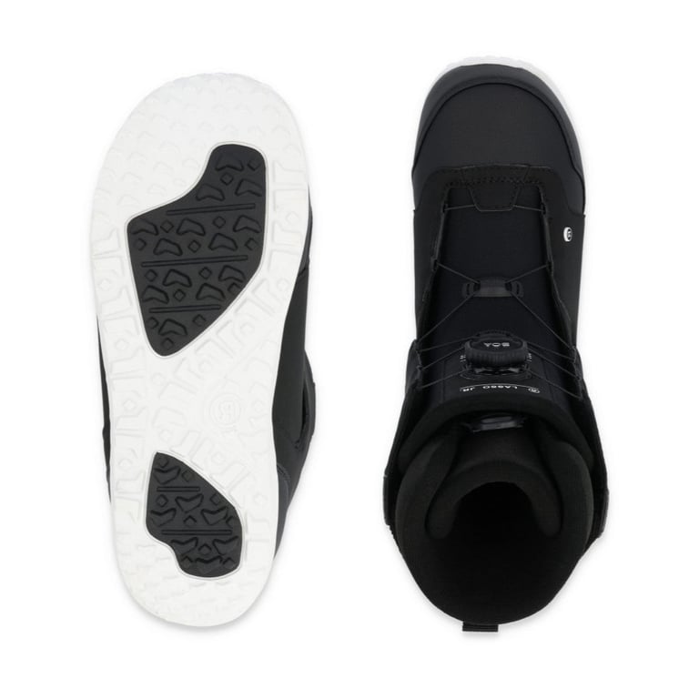 Top and bottom view of black Ride Lasso Jr kids snowboard boots with BOA lacing and a white textured sole.